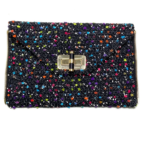 Diane Von Furstenburg Agent Karlie Confetti Tweed Zip On Clutch - Picture 1 of 15